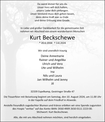 Traueranzeige von Kurt Beckschewe von Westfalen Blatt