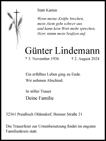 Traueranzeige von Günter Lindemann von Westfalen Blatt