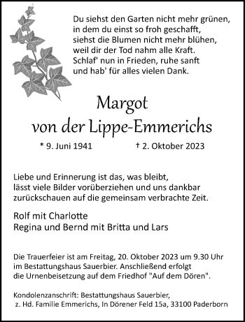 Traueranzeige von Margot von der Lippe-Emmerichs von Westfalen Blatt