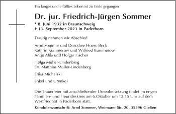 Traueranzeige von Dr. Jur. Friedrich-Jürgen Sommer von Westfalen Blatt