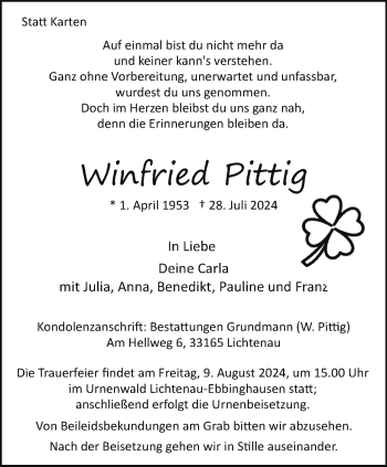 Traueranzeige von Winfried Pittig von Westfalen Blatt