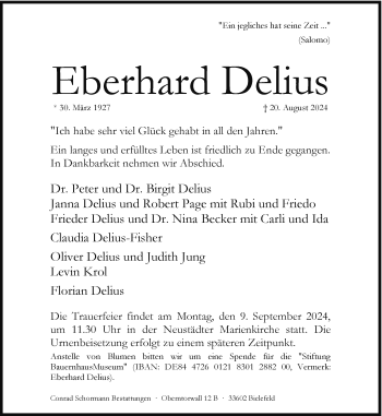 Traueranzeige von Eberhard Delius von Westfalen Blatt