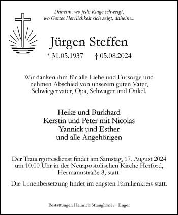 Traueranzeige von Jürgen Steffen von Westfalen Blatt