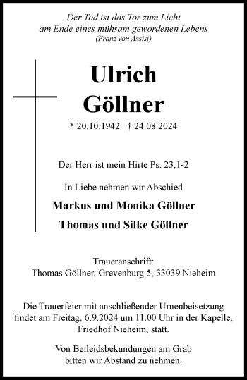 Traueranzeige von Ulrich Göllner von Westfalen Blatt