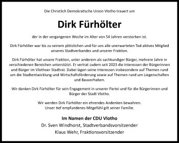 Traueranzeige von Dirk Fürhölter von Westfalen Blatt