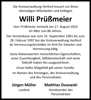 Traueranzeige von Willi Prüßmeier von Westfalen Blatt