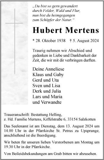 Traueranzeige von Hubert Mertens von Westfalen Blatt