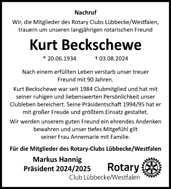 Traueranzeige von Kurt Beckschewe von Westfalen Blatt