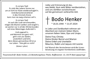 Traueranzeige von Bodo Henker von Westfalen Blatt