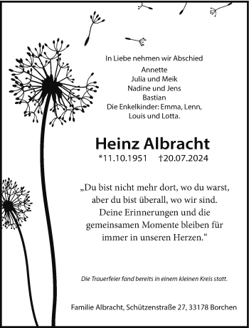 Traueranzeige von Heinz Albracht von Westfalen Blatt