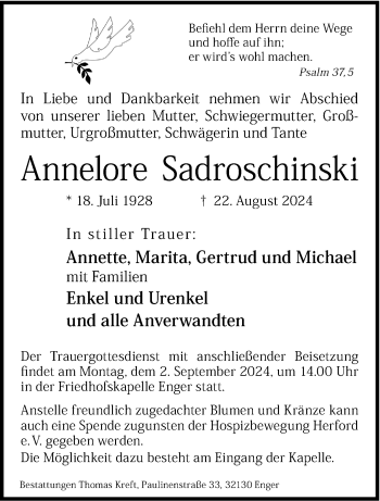 Traueranzeige von Annelore Sadroschinski von Westfalen Blatt