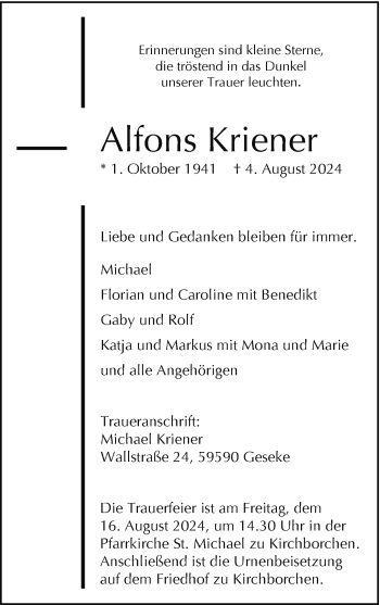 Traueranzeige von Alfons Kriener von Westfalen Blatt