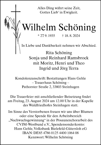 Traueranzeige von Wilhelm Schöning von Westfalen Blatt