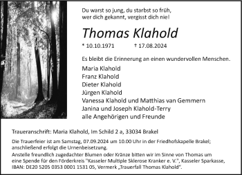 Traueranzeige von Thomas Klahold von Westfalen Blatt