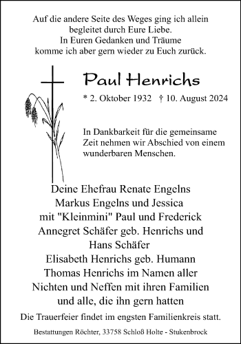 Traueranzeige von Paul Henrichs von Westfalen Blatt