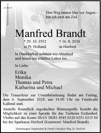 Traueranzeige von Manfred Brandt von Westfalen Blatt