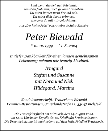 Traueranzeige von Peter Biewald von Westfalen Blatt