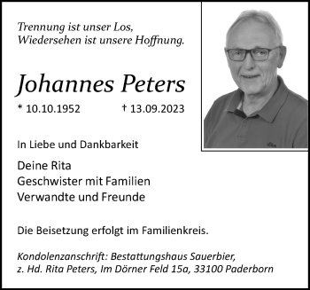 Traueranzeige von Johannes Peters von Westfalen Blatt