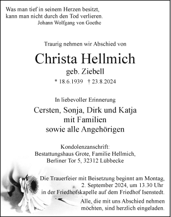 Traueranzeige von Christa Hellmich von Westfalen Blatt