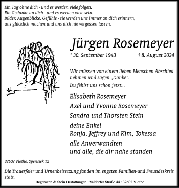 Traueranzeige von Jürgen Rosemeyer von Westfalen Blatt