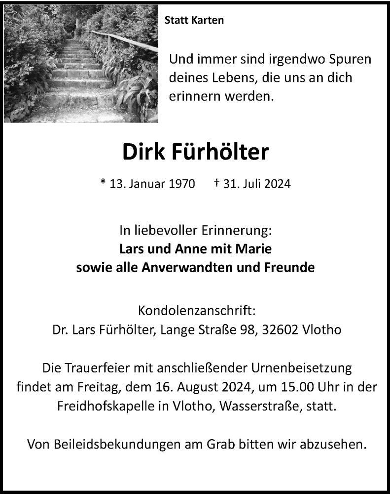  Traueranzeige für Dirk Fürhölter vom 10.08.2024 aus Westfalen Blatt