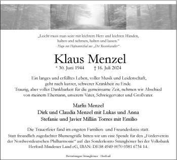 Traueranzeige von Klaus Menzel von Westfalen Blatt