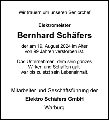 Traueranzeige von Bernhard Schäfers von Westfalen Blatt