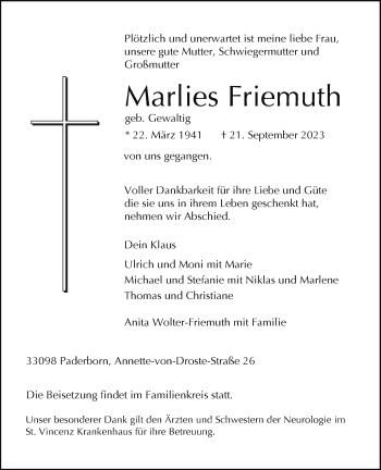 Traueranzeige von Marlies Friemuth von Westfalen Blatt