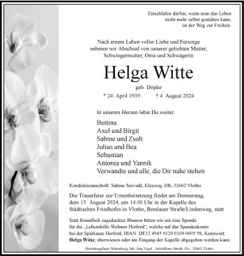 Traueranzeige von Helga Witte von Westfalen Blatt