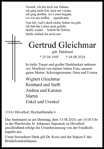 Traueranzeige von Gertrud Gleichmar von Westfalen Blatt