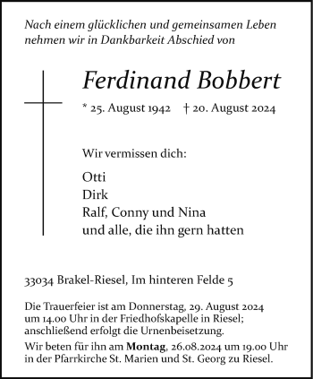 Traueranzeige von Ferdinand Bobbert von Westfalen Blatt