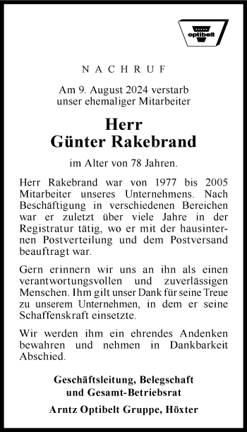 Traueranzeige von Günter Rakebrand von Westfalen Blatt