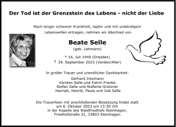 Traueranzeige von Beate Selle ( von Westfalen Blatt