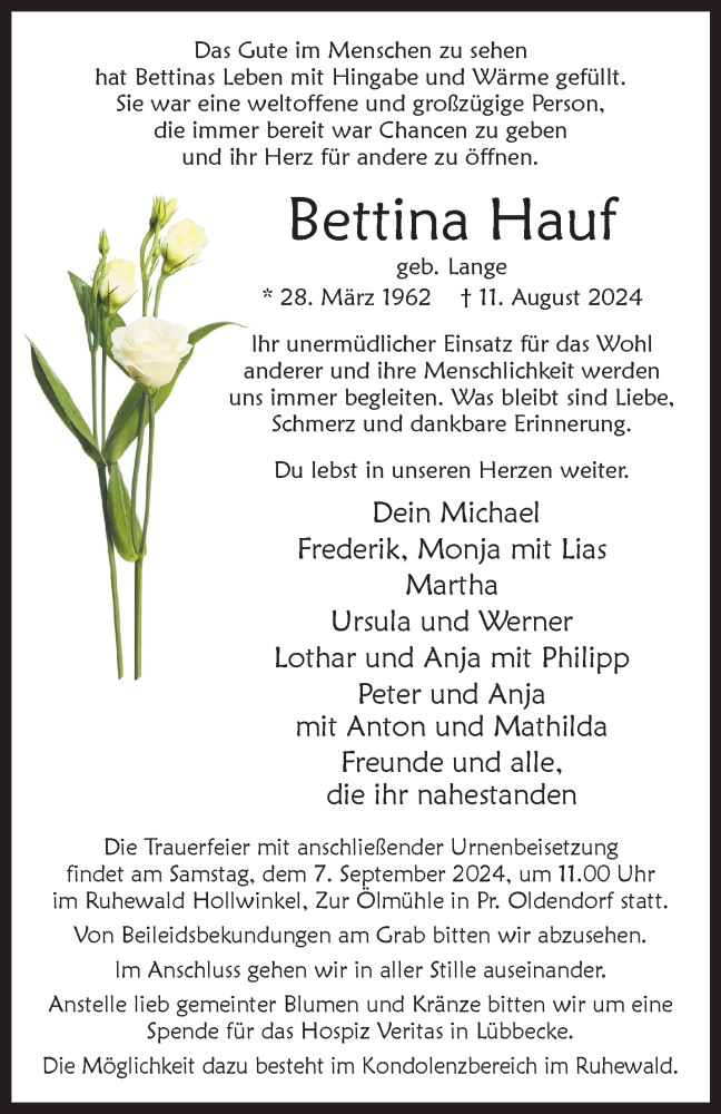  Traueranzeige für Bettina Hauf vom 17.08.2024 aus Westfalen Blatt