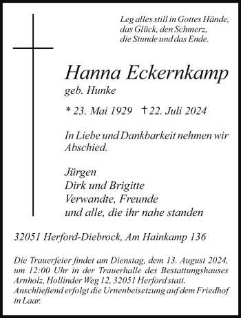 Traueranzeige von Hanna Eckernkamp von Westfalen Blatt