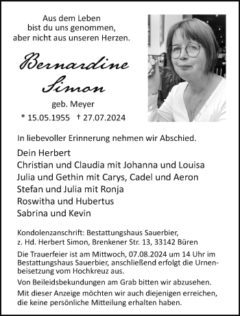 Traueranzeige von Bernardine Simon von Westfalen Blatt