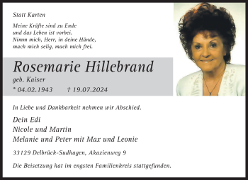 Traueranzeige von Rosemarie Hillebrand von Westfalen Blatt