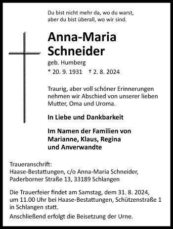 Traueranzeige von Anna-Maria Schneider von Westfalen Blatt