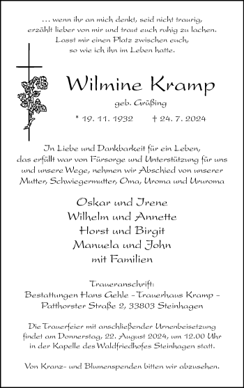 Traueranzeige von Wilmine Kramp von Westfalen Blatt