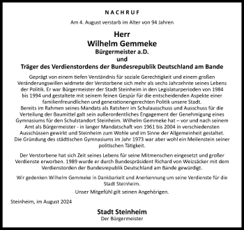 Traueranzeige von Wilhelm Gemmeke von Westfalen Blatt