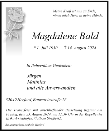 Traueranzeige von Magdalene Bald von Westfalen Blatt