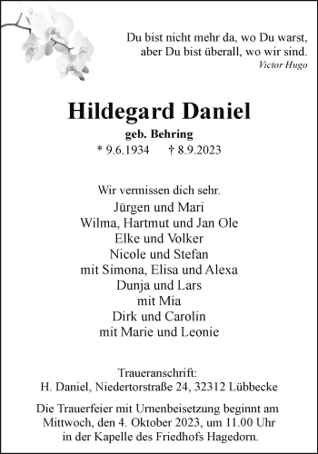 Traueranzeige von Hildegard Daniel von Westfalen Blatt