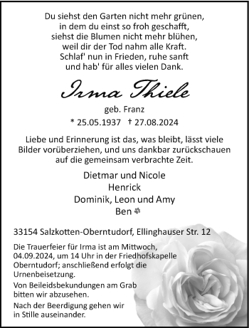 Traueranzeige von Irma Thiele von Westfalen Blatt