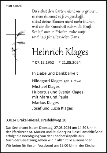 Traueranzeige von Heinrich Klages von Westfalen Blatt