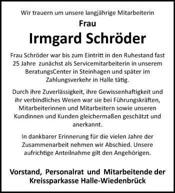 Traueranzeige von Irmgard Schröder von Westfalen Blatt