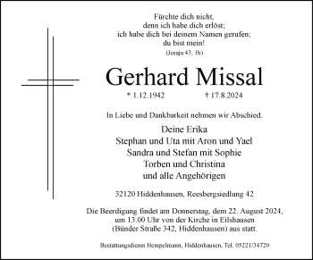 Traueranzeige von Gerhard Missal von Westfalen Blatt