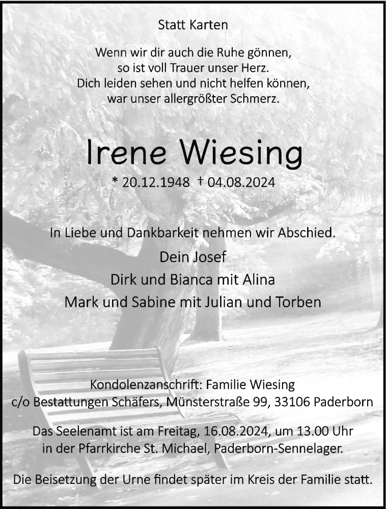  Traueranzeige für Irene Wiesing vom 10.08.2024 aus Westfalen Blatt