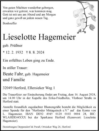 Traueranzeige von Lieselotte Hagemeier von Westfalen Blatt