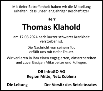 Traueranzeige von Thomas Klahold von Westfalen Blatt