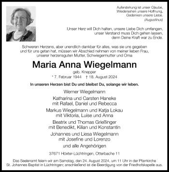 Traueranzeige von Maria Anna Wiegelmann von Westfalen Blatt